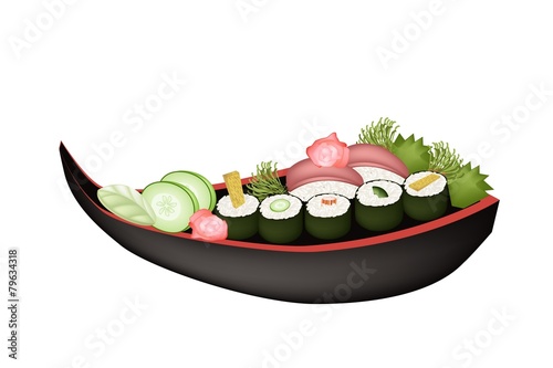 Sushi Roll or Maki Sushi on Wooden Stand