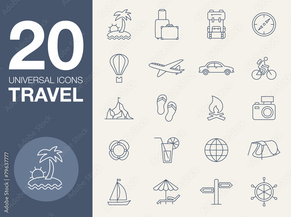 Fototapeta premium Vacation icons, blue line contour series