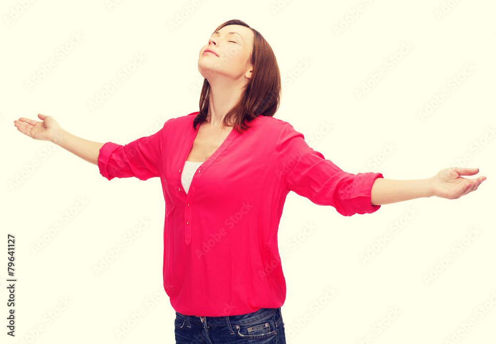 smiling woman waving hands with closed eyes smiling woman waving hands with closed eyes