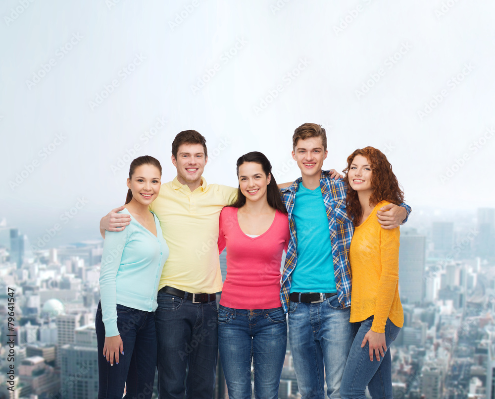 group of smiling teenagers over city background group of smiling teenagers over city background