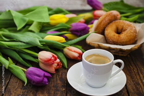 coffee, donuts and flowers