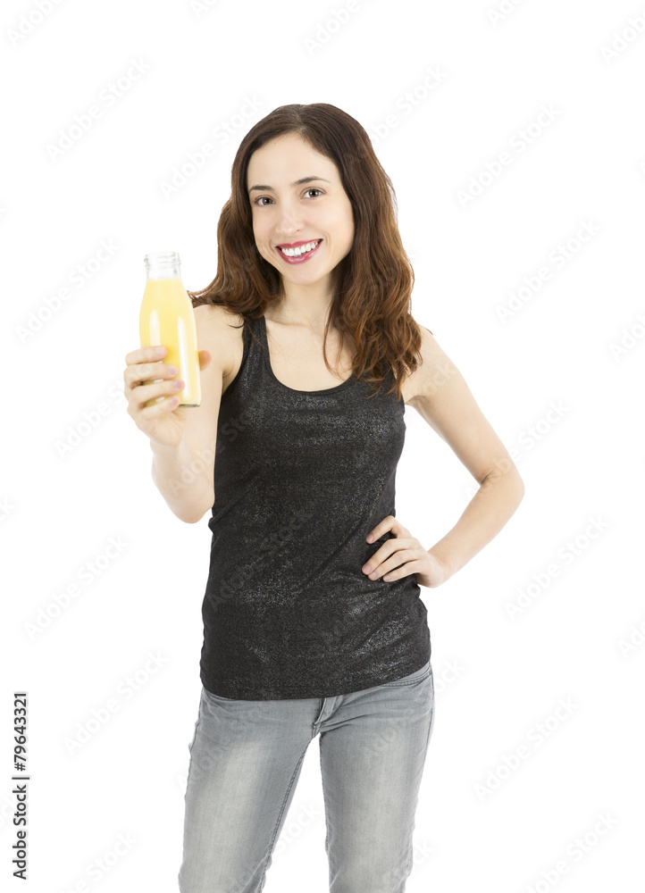 Smiling woman with a bottle of banana smoothie Smiling woman with a bottle of banana smoothie