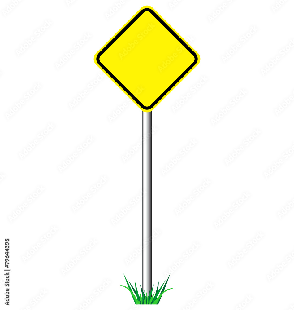 Yellow warning information road signs with grass isolated on whi Yellow warning information road signs with grass isolated on whi