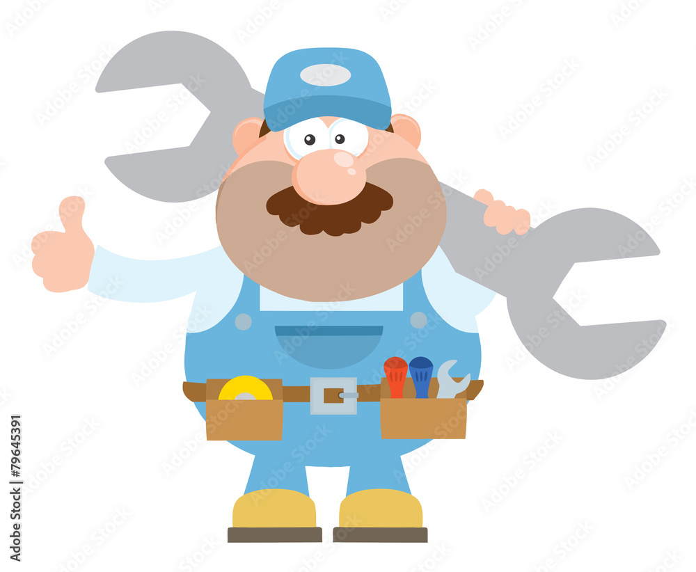 Mechanic Character Holding Huge Wrench And Giving A Thumb Up Mechanic Character Holding Huge Wrench And Giving A Thumb Up