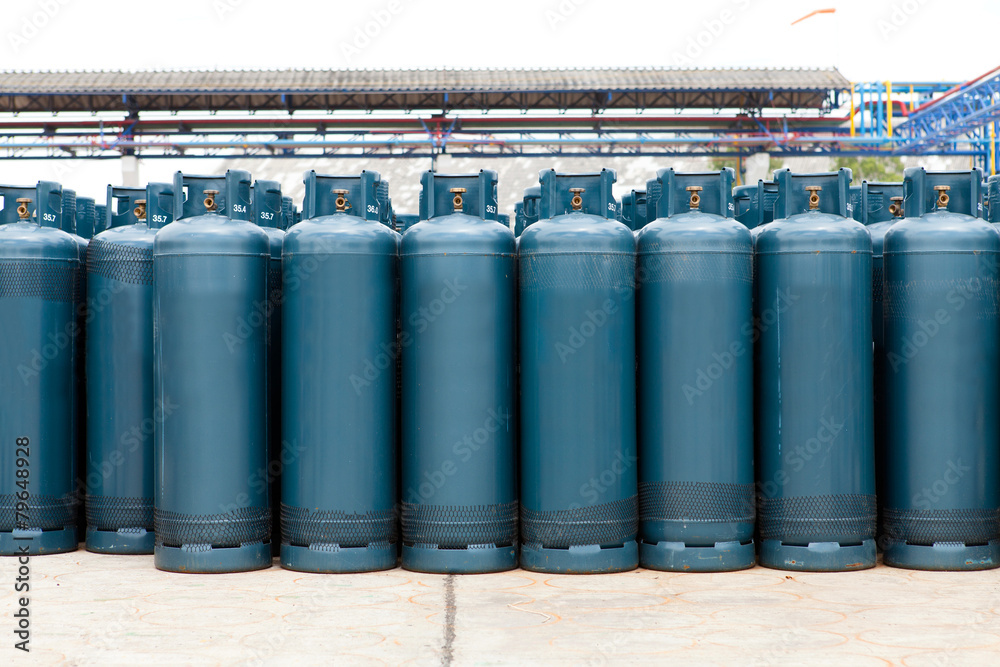 Many of the Gas bottles balloons with propane butane, in storage