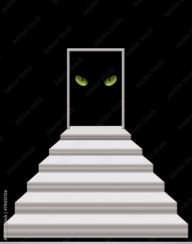 stairs leading to door with cat's eyes in darkness - obrazy, fototapety, plakaty 