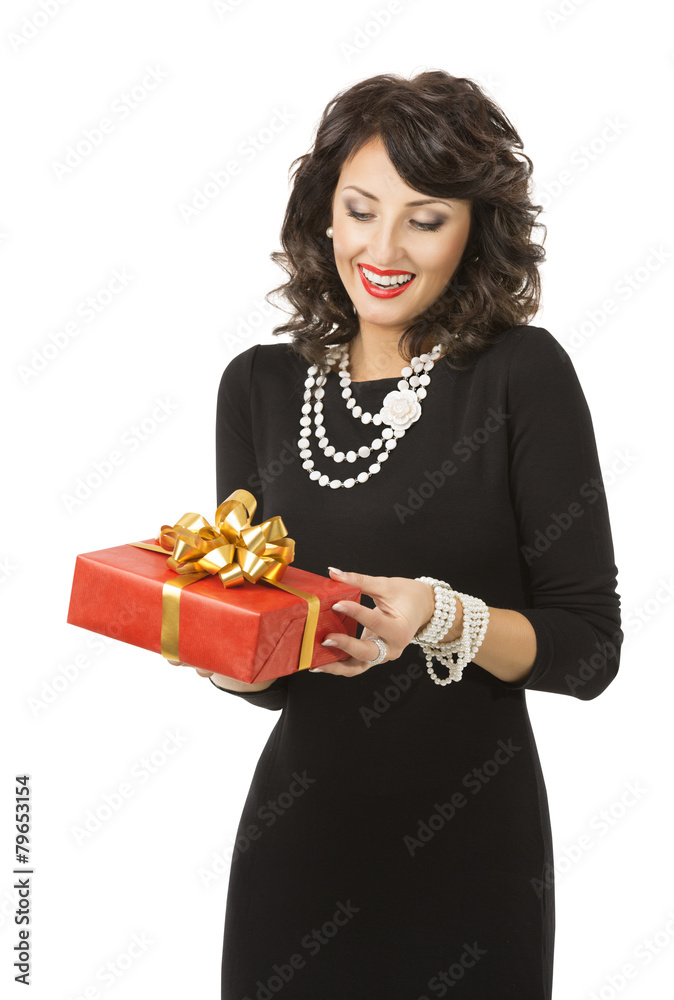 Fototapeta premium Woman Opening Gift Box, Happy Girl in Black Dress, Red Present