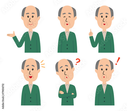 A set of six pose variations of happy old man