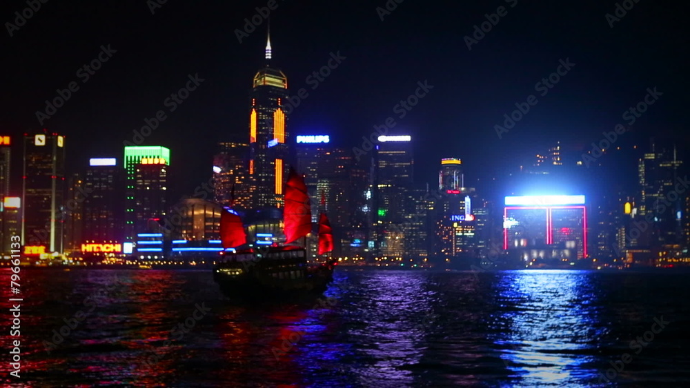 Red Sail junk boat across Hong Kong Skyline
