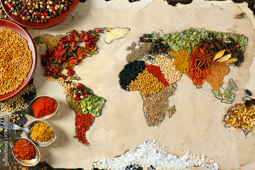 Map of world made from different kinds of spices, close-up #79663102