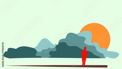 sun, man in top hat silhouette and cartoon cloudscape