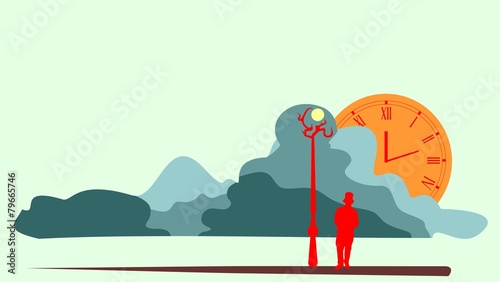 huge clock, man in top hat silhouette and cartoon cloudscape