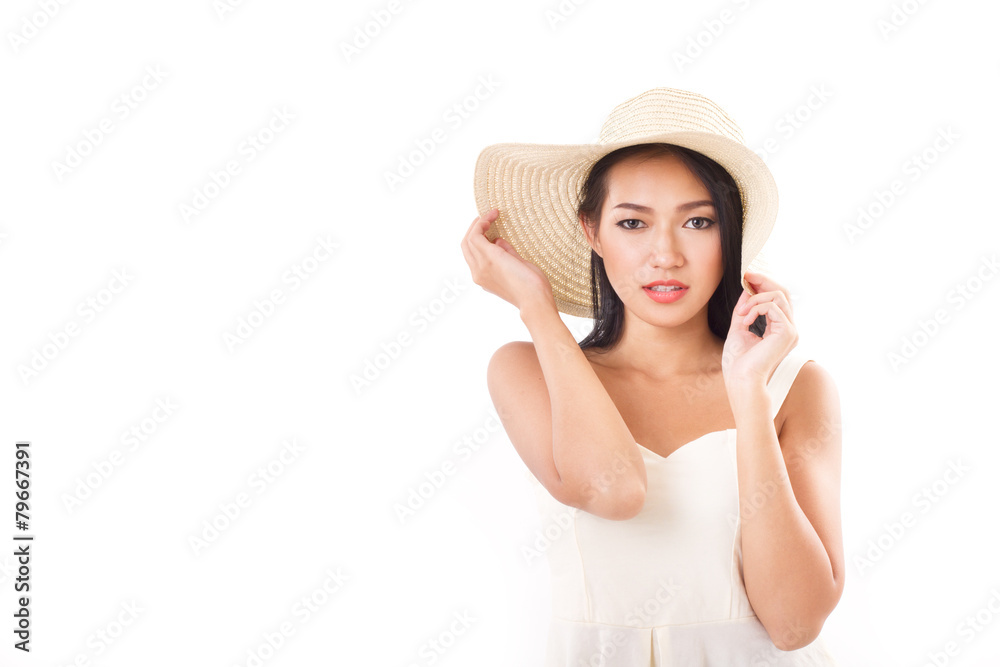summer lady looking at you, white background with space summer lady looking at you, white background with space