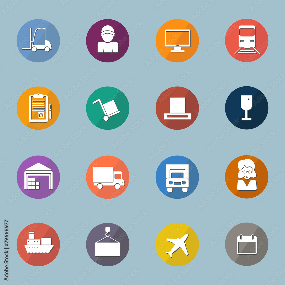 Warehouse transportation and delivery icons flat set Warehouse transportation and delivery icons flat set