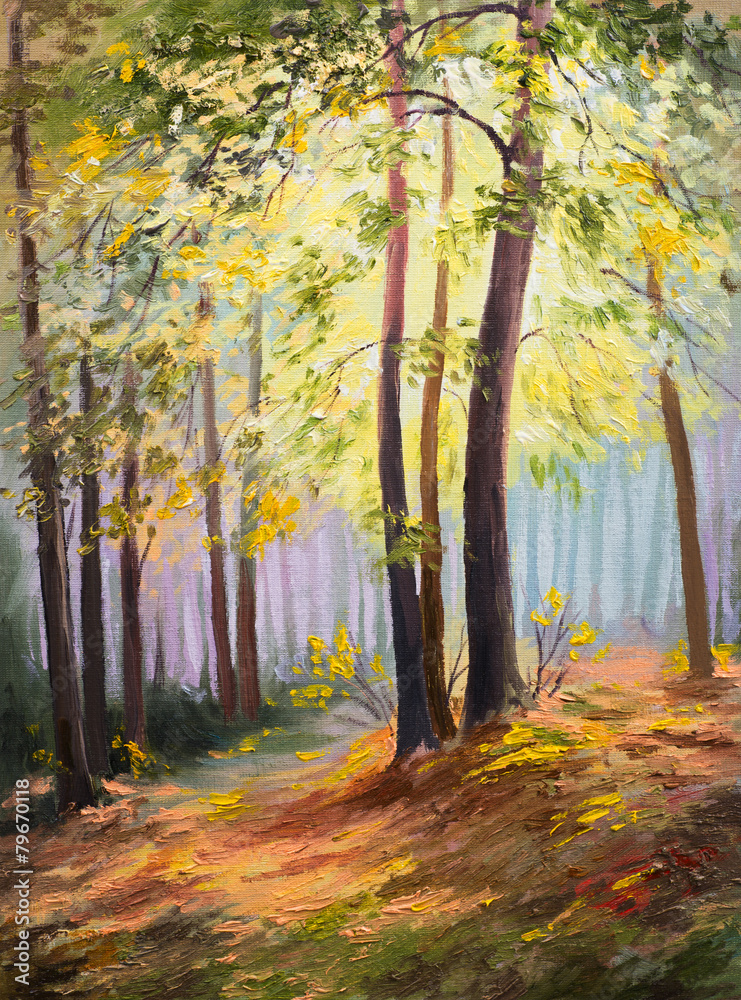 Obraz premium spring landscape, trees in the forest, colorful oil painting