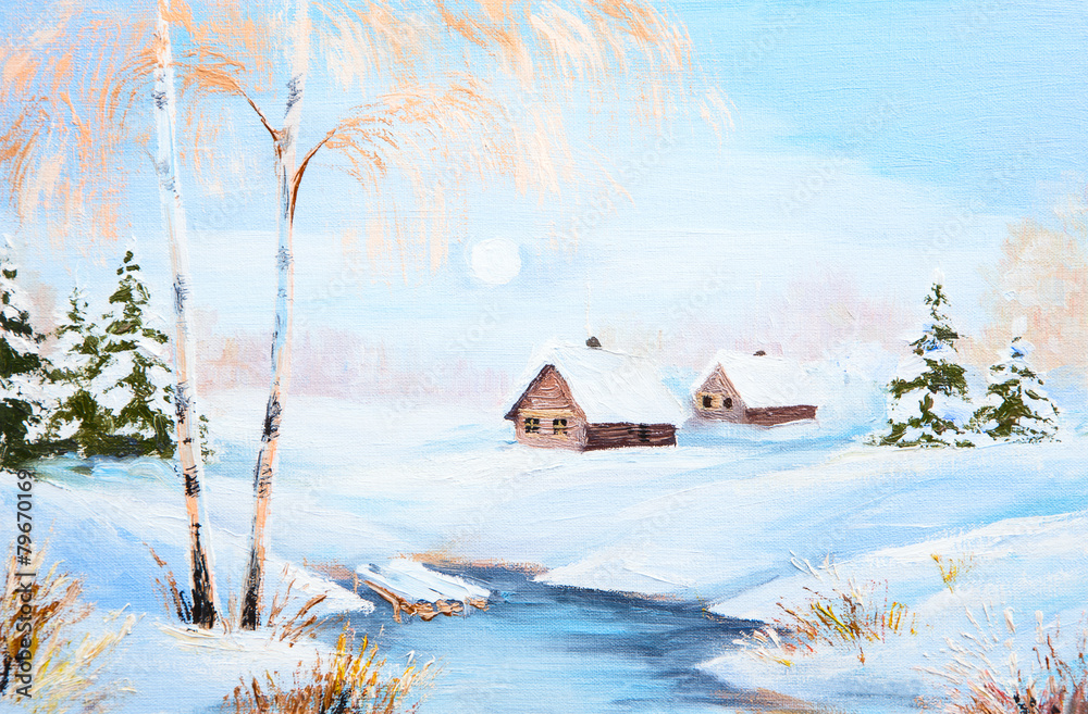 Naklejka premium oil painting winter landscape, frozen river in the forest, color