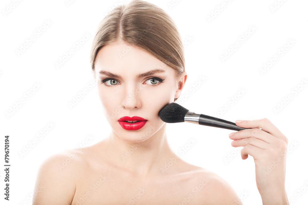 Beauty Girl with Makeup Brush. Beautiful Face. Makeover. Perfect Beauty Girl with Makeup Brush. Beautiful Face. Makeover. Perfect