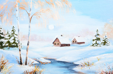 oil painting winter landscape, frozen river in the forest, color