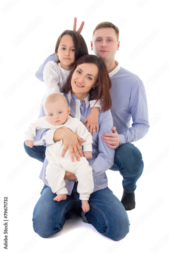 father, mother, daughter and son sitting isolated on white