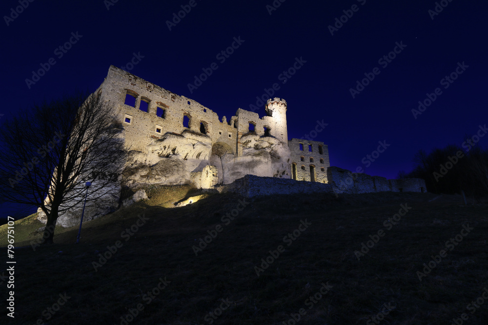 Medieval castle in Ogrodzieniec on night