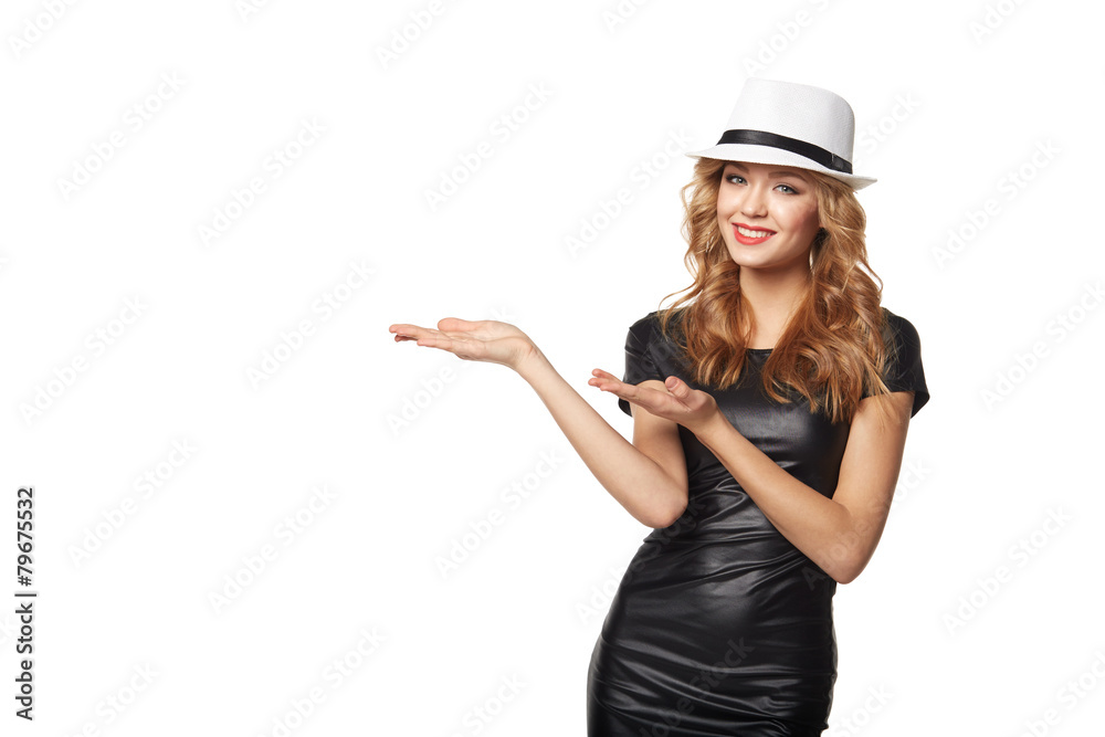 Woman showing holding on the palm blank copy space over white Woman showing holding on the palm blank copy space over white