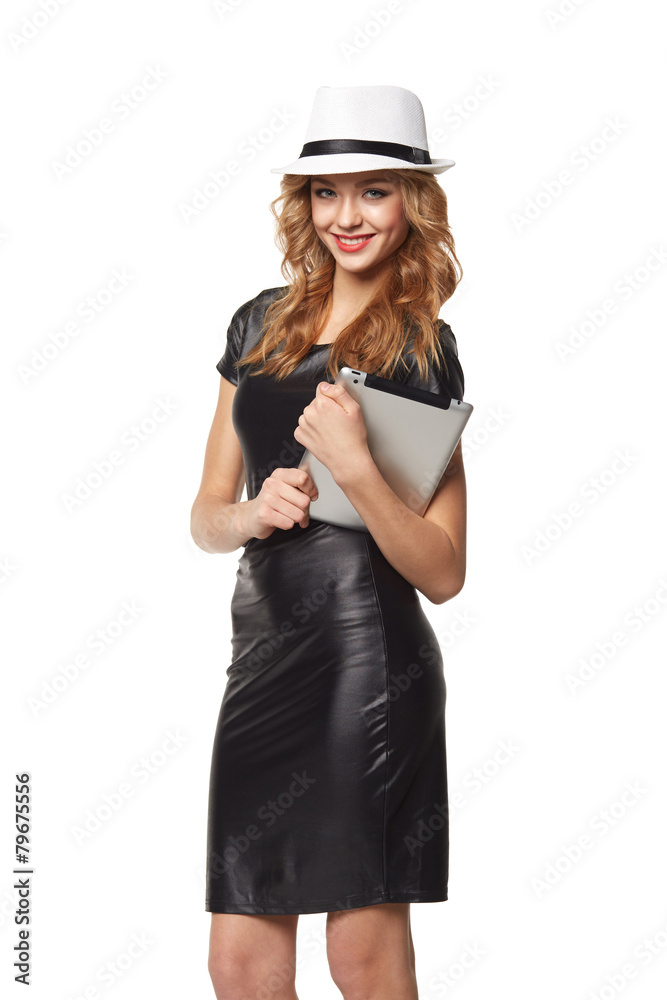 Tablet computer. Woman using digital tablet isolated on white ba Tablet computer. Woman using digital tablet isolated on white ba