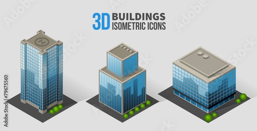 Vector skyscrapers with trees, isometric buildings of glass and