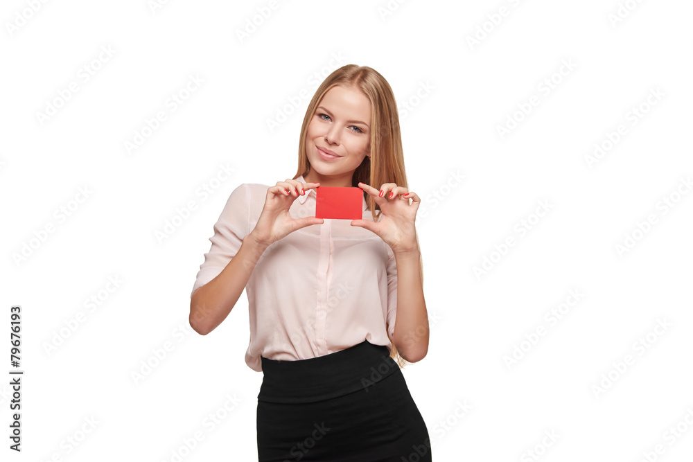 Happy smiling girl in casual clothing, showing blank credit card Happy smiling girl in casual clothing, showing blank credit card