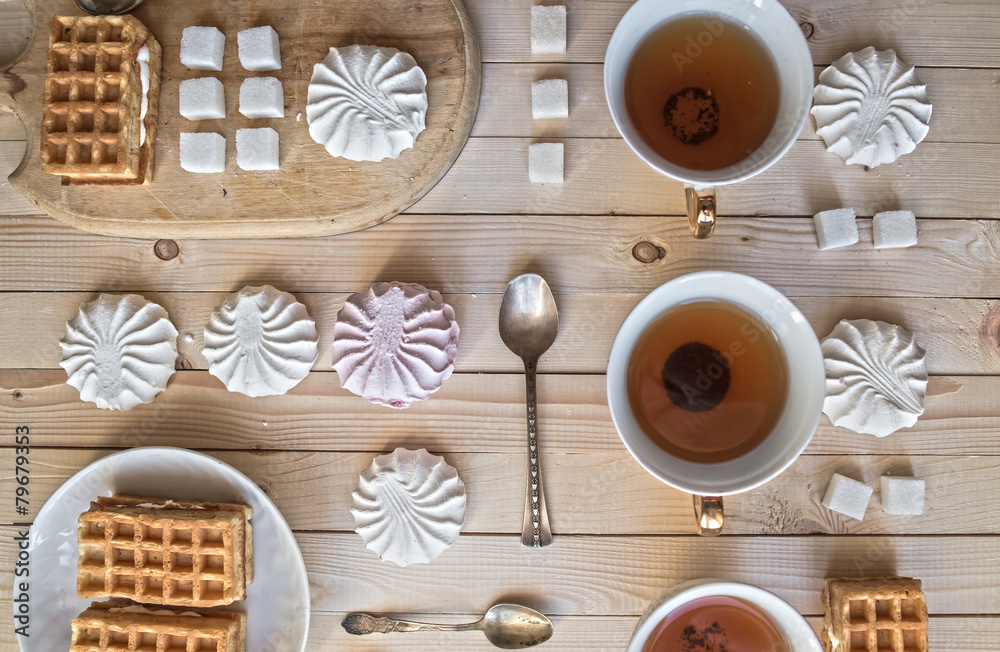 Tea with waffles and marshmallows Tea with waffles and marshmallows