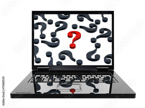 Laptop with question marks on the screen isolated over white.