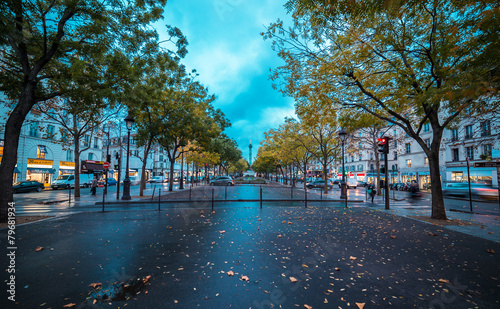 Photography Paris cityscape at dusk in winter evening. Dramatic blue sky