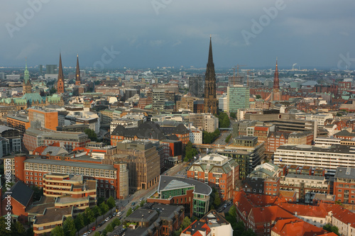 Center of Hamburg. View on the center of Hamburg from a height of St. Michaelis tower. View on St. Nikolai Memorial.