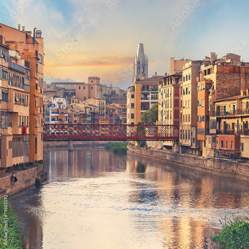 Sunset in Old Girona town, view on river Onyar photo