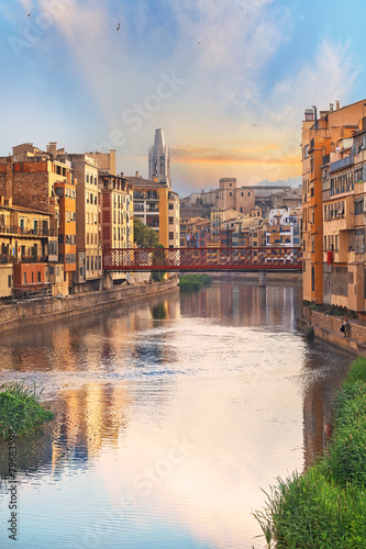 Sunset in Old Girona town, view on river Onyar photo