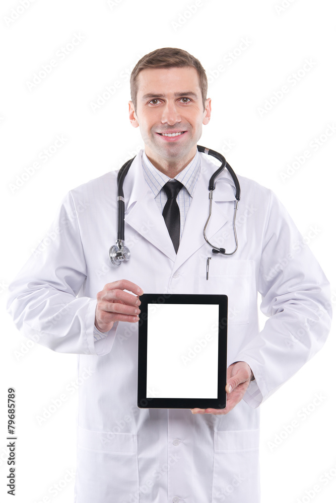 Medical doctor showing digital tablet pc with blank screen. Medical doctor showing digital tablet pc with blank screen.