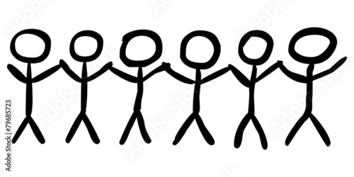 Team aus 6 Strichmännchen, die sich an den Händen halten, Vektor