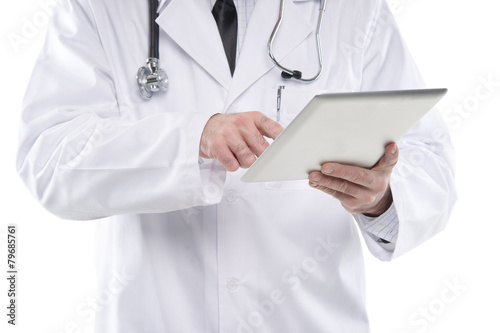 Close up male medical doctor using digital tablet pc. Isolated o
