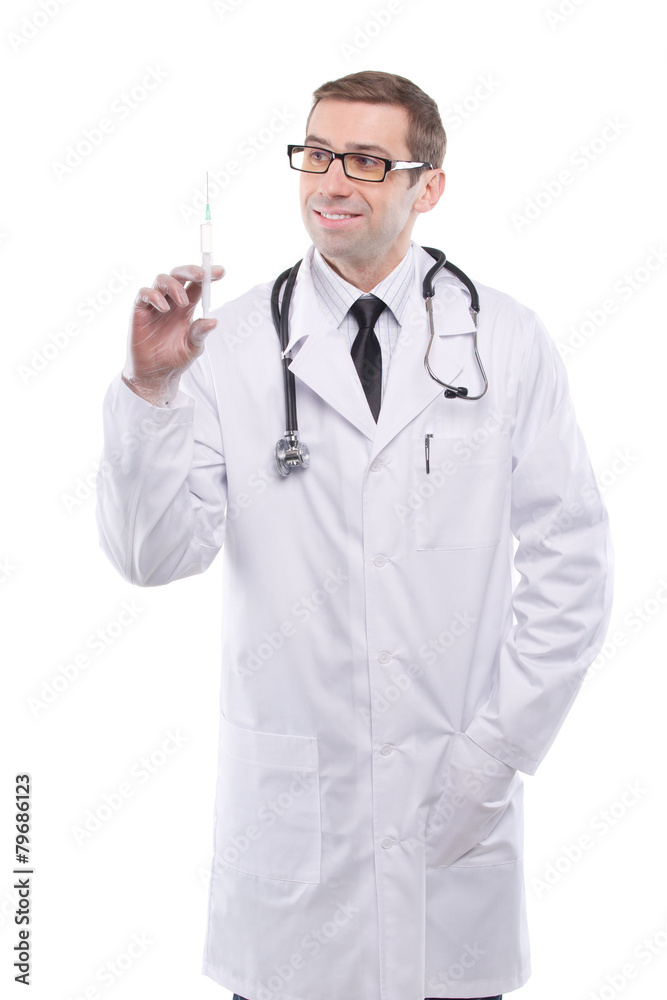Happy young doctor holding syringe on white background Happy young doctor holding syringe on white background