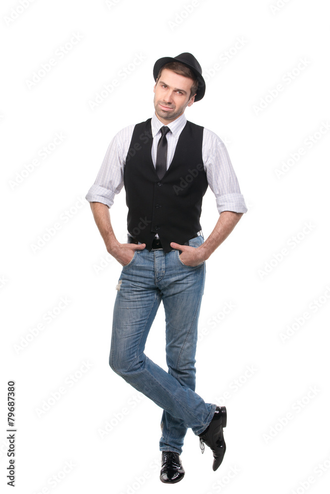 Young man wearing black hat jacket and tie. Full length. Isolate Young man wearing black hat jacket and tie. Full length. Isolate