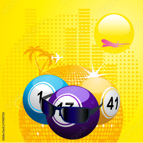 Bingo balls with sunglasses on summer background