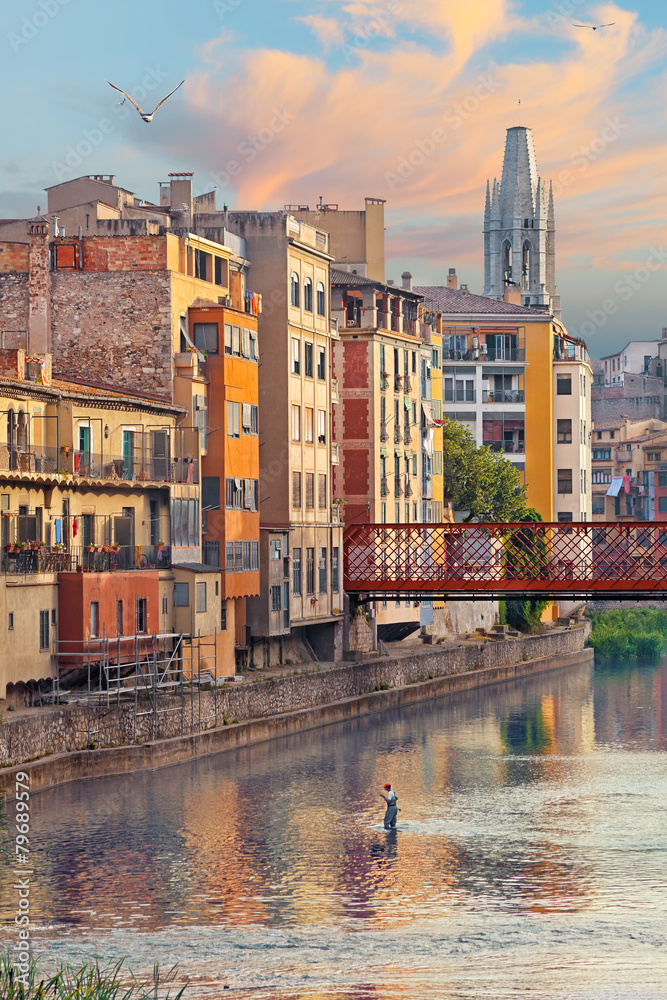 Sunset in Old Girona town, view on river Onyar