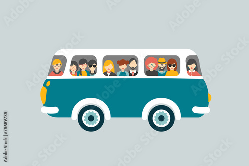 Retro bus with passengers.