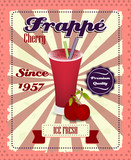 Cherry frappe poster, drinking strew and glass in retro style