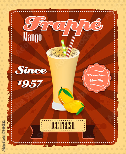Mango frappe poster, drinking strew and glass in retro style