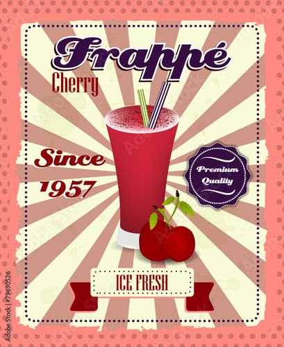 Cherry frappe poster, drinking strew and glass in retro style