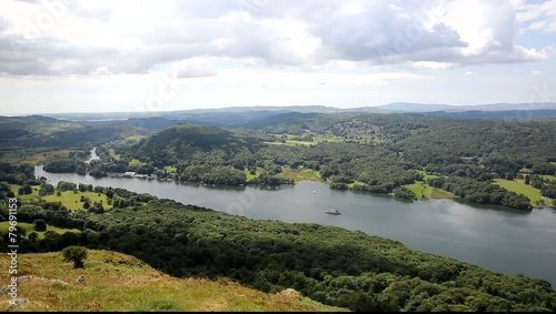 Boat sailing Windermere Lake District England uk photo