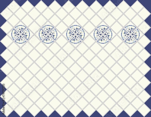 Kitchen clear blue tile with ornamate.