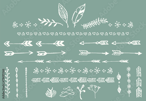 Hand drawn vintage arrows, feathers, dividers and floral