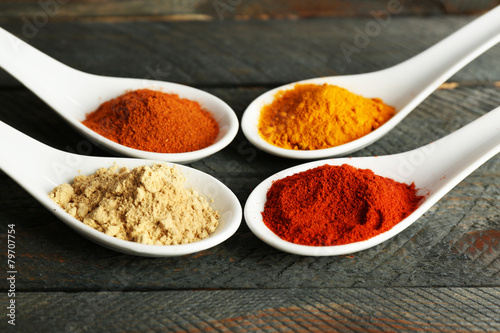 Different kinds of spices in spoons on wooden background