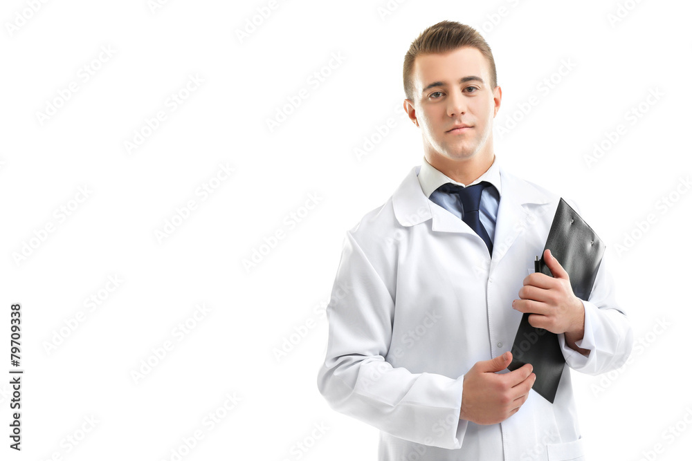 Male Doctor holding clipboard isolated on white Male Doctor holding clipboard isolated on white